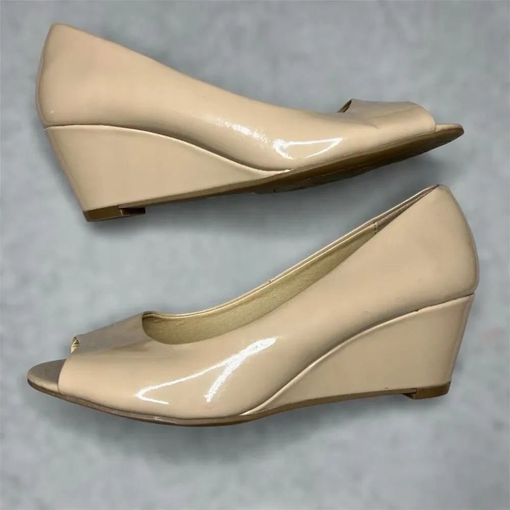 Cityclassified Comfort Low Wedge Slip On Open Toe Shoes Vegan Patent Women’s 8